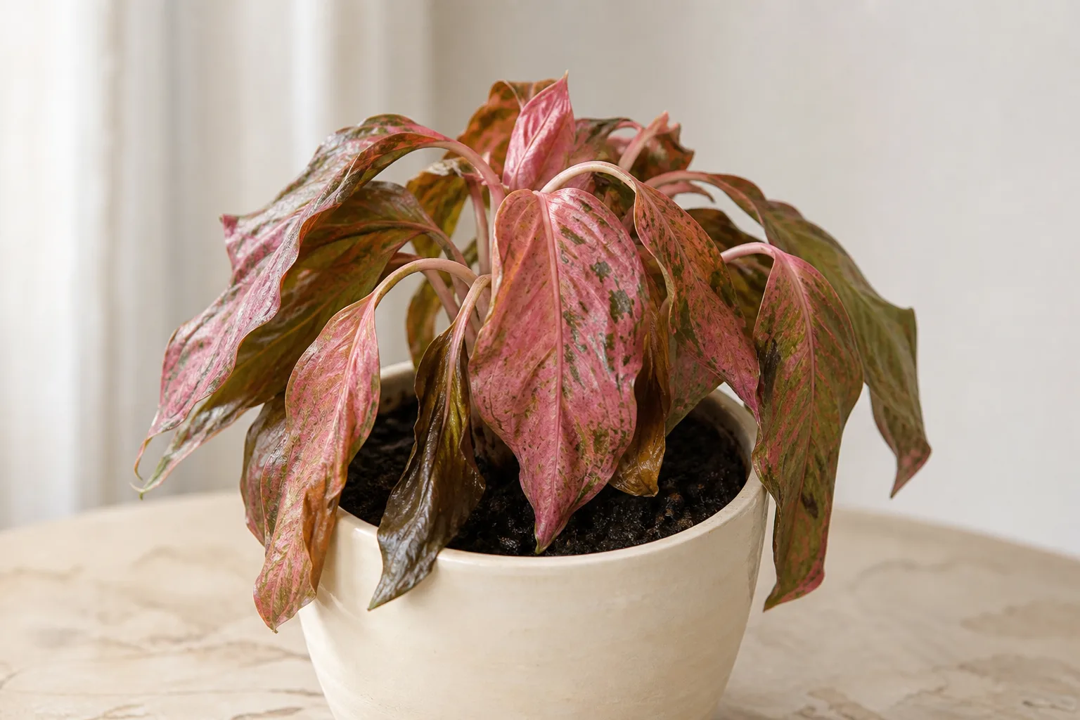 Wilting on Aglaonema Red Valentine - limp drooping leaves with dull pink-red variegation on a compact rosette