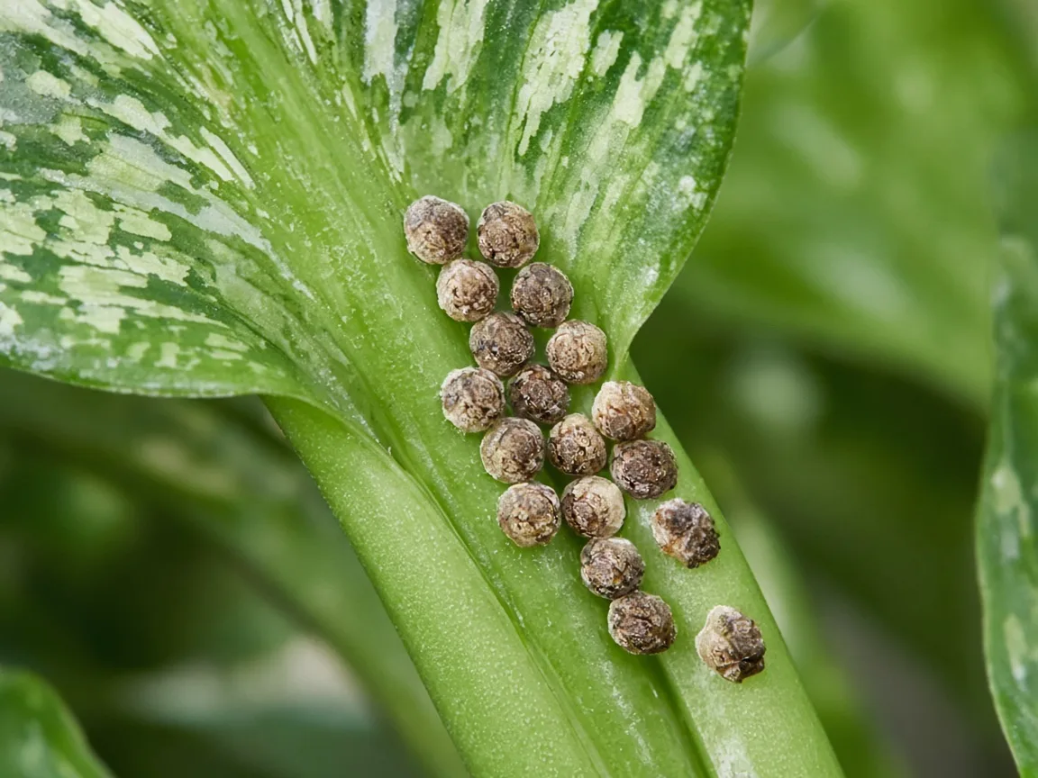 Close-up of tan scale insect bumps along the petiole base of a patterned Aglaonema Chinese evergreen leaf