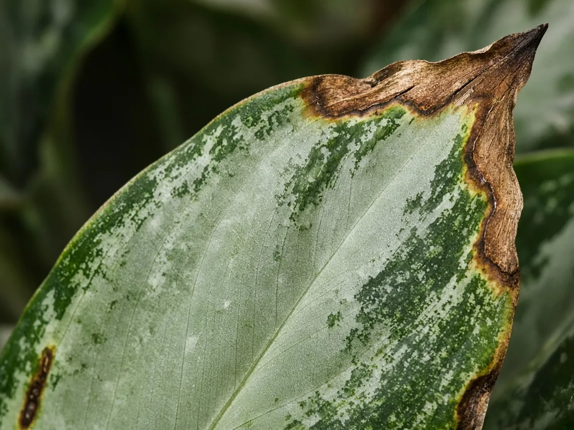 Close-up of brown leaves on Aglaonema Silver Bay - crispy necrotic margin on silver blade