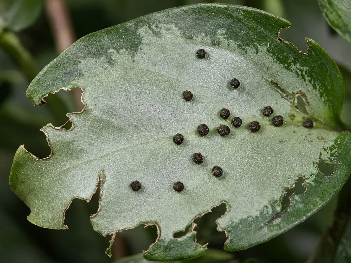 Close-up of caterpillar damage on Aglaonema Silver Bay - irregular chewed notches on broad silver-green leaf with dark frass pellets