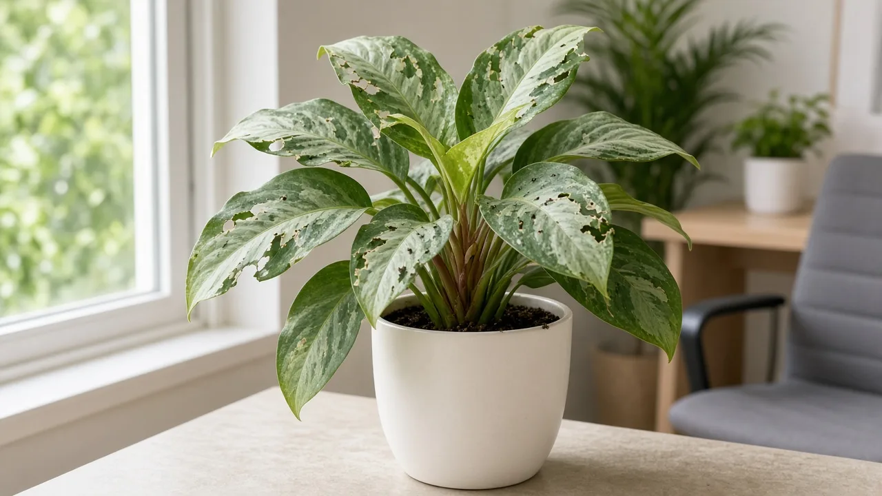 Caterpillars on Aglaonema Silver Bay - ragged chewed notches on broad silver-green leaves with dark frass pellets