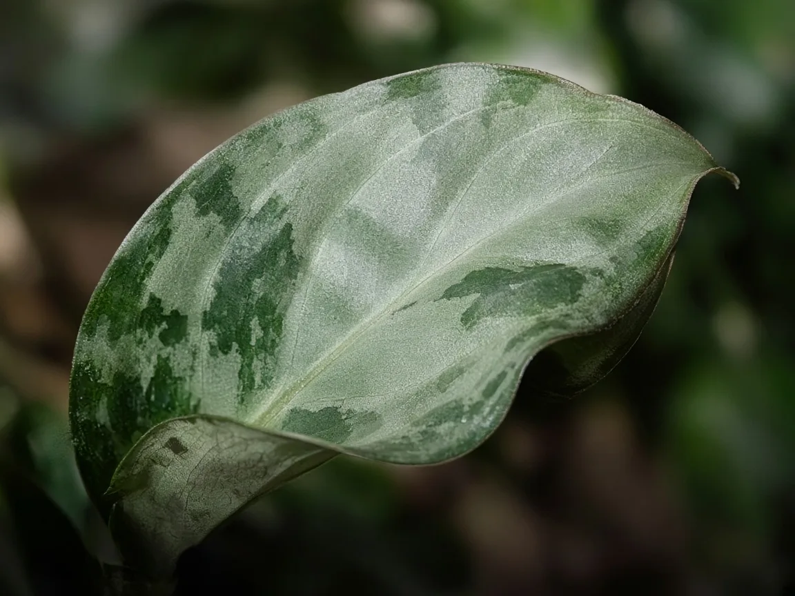 Close-up of curling leaves on Aglaonema Silver Bay - cupped variegated leaf surface