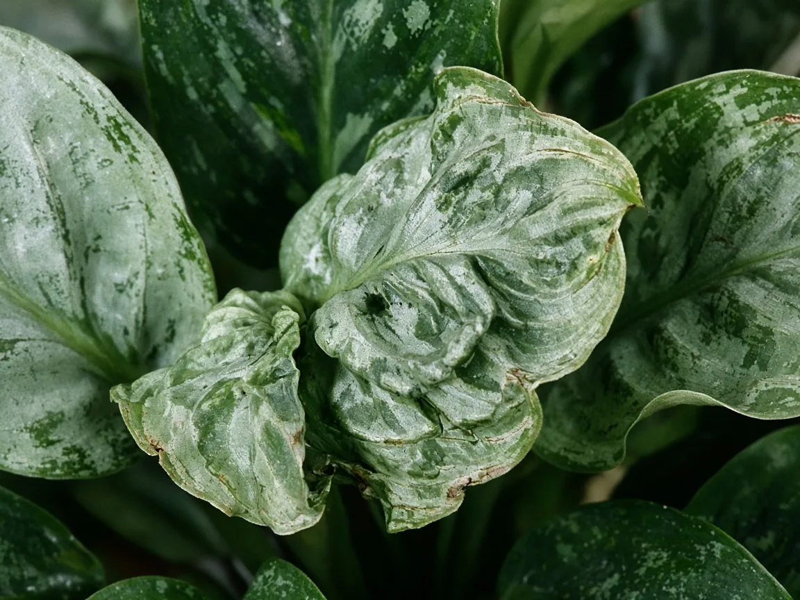 Close-up of distorted leaves on Aglaonema Silver Bay - crinkled silver new leaf