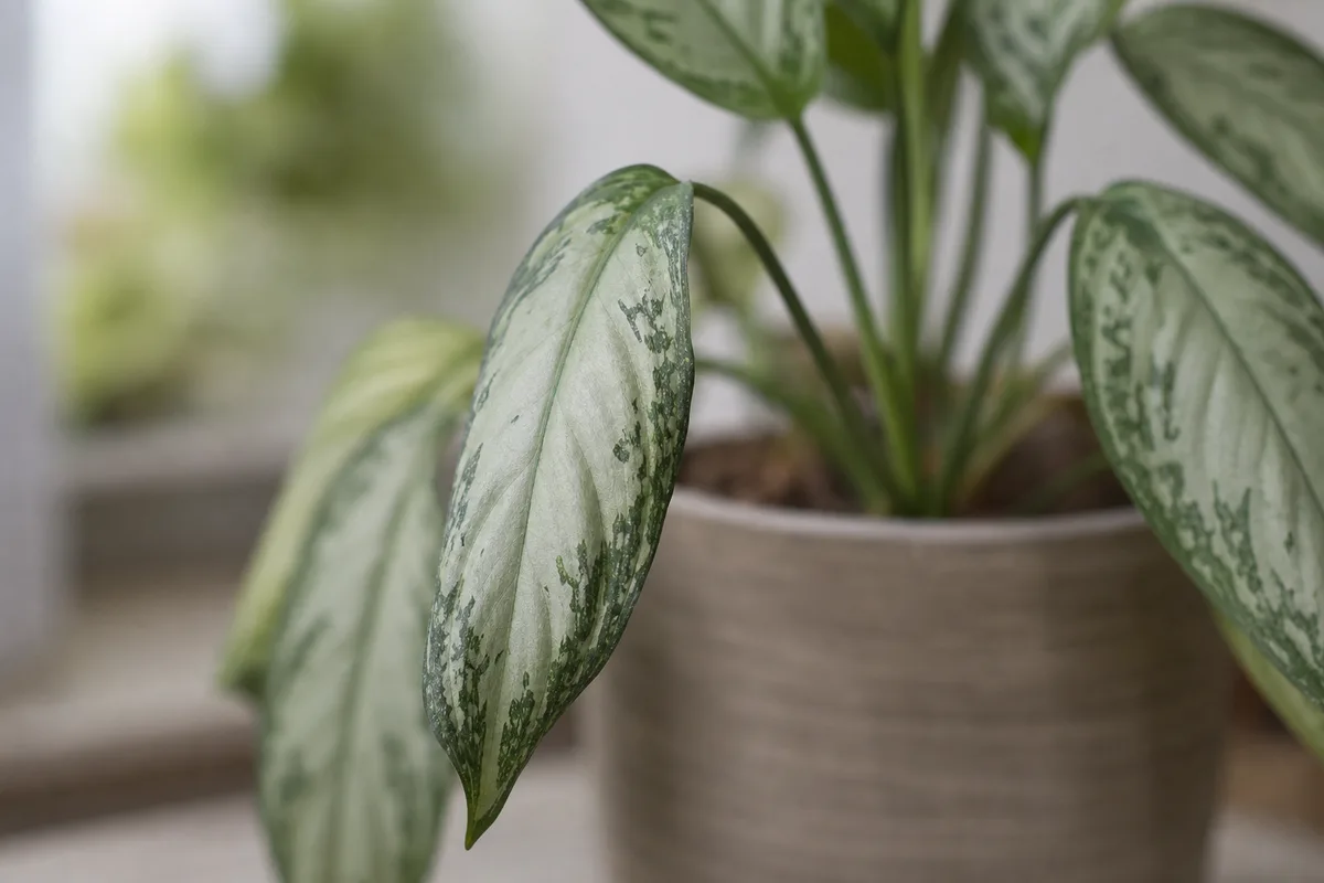 Close-up of Drooping Leaves on Aglaonema Silver Bay - diagnostic detail