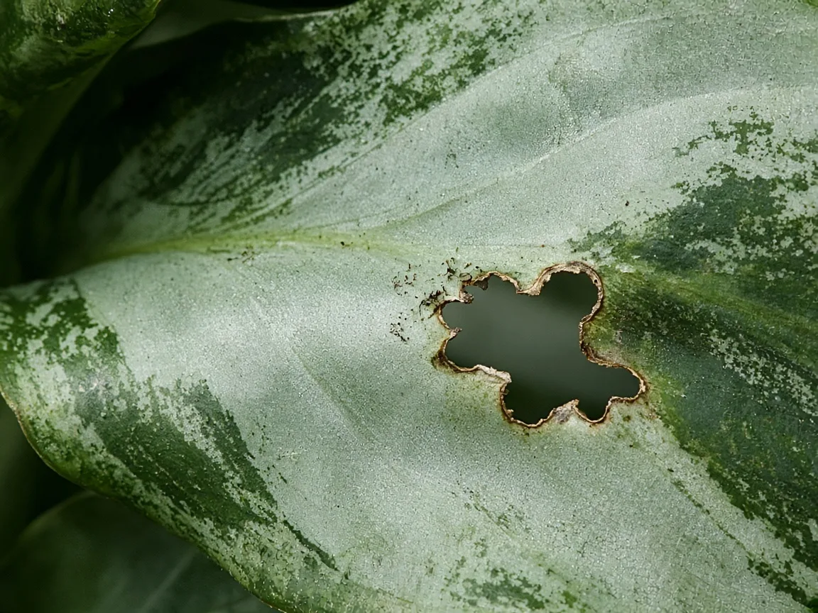 Close-up of holes in leaves on Aglaonema Silver Bay - chewed margin on silver blade