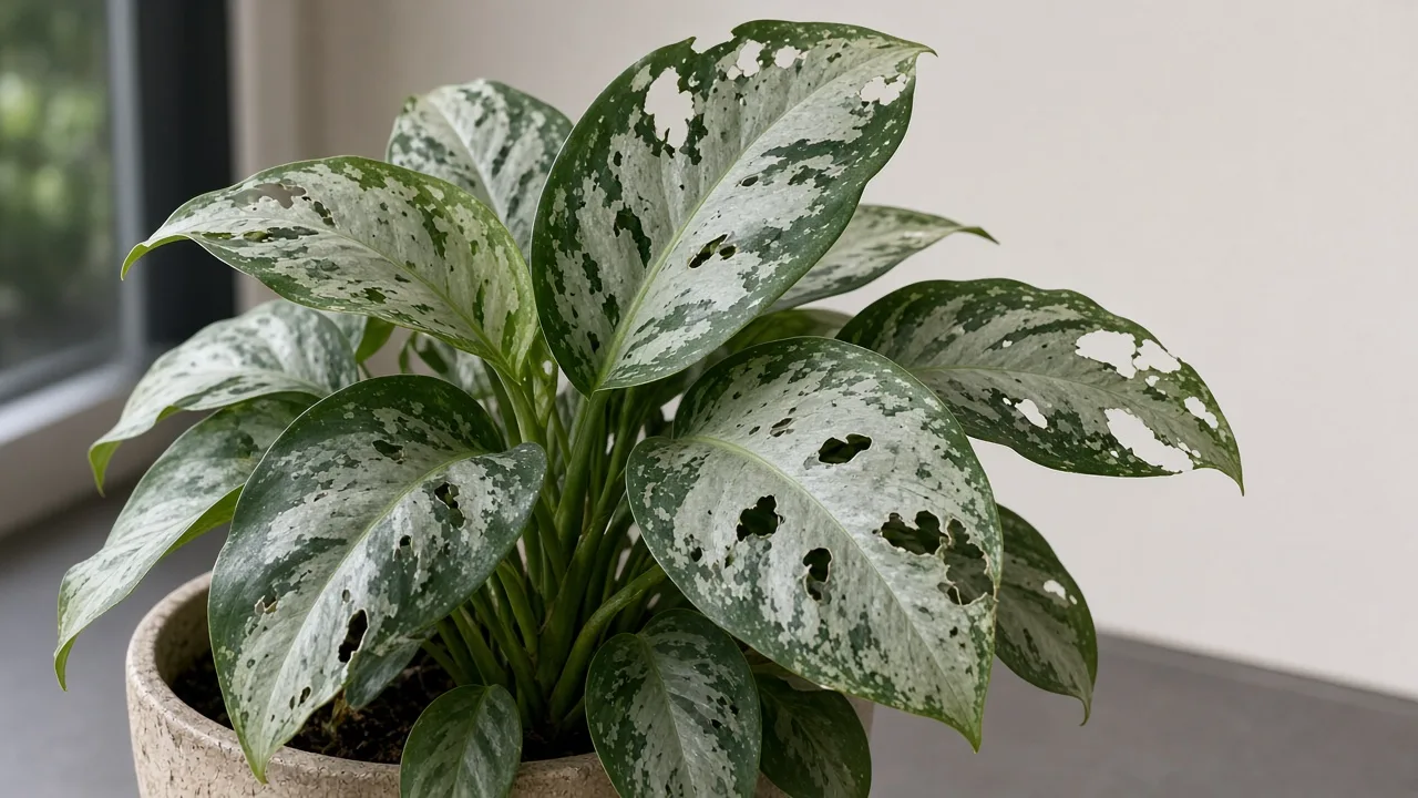 Holes In Leaves on Aglaonema Silver Bay - chewed margin on silver-green foliage