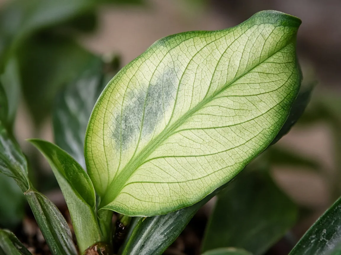 Close-up of interveinal chlorosis on new Silver Bay crown leaf