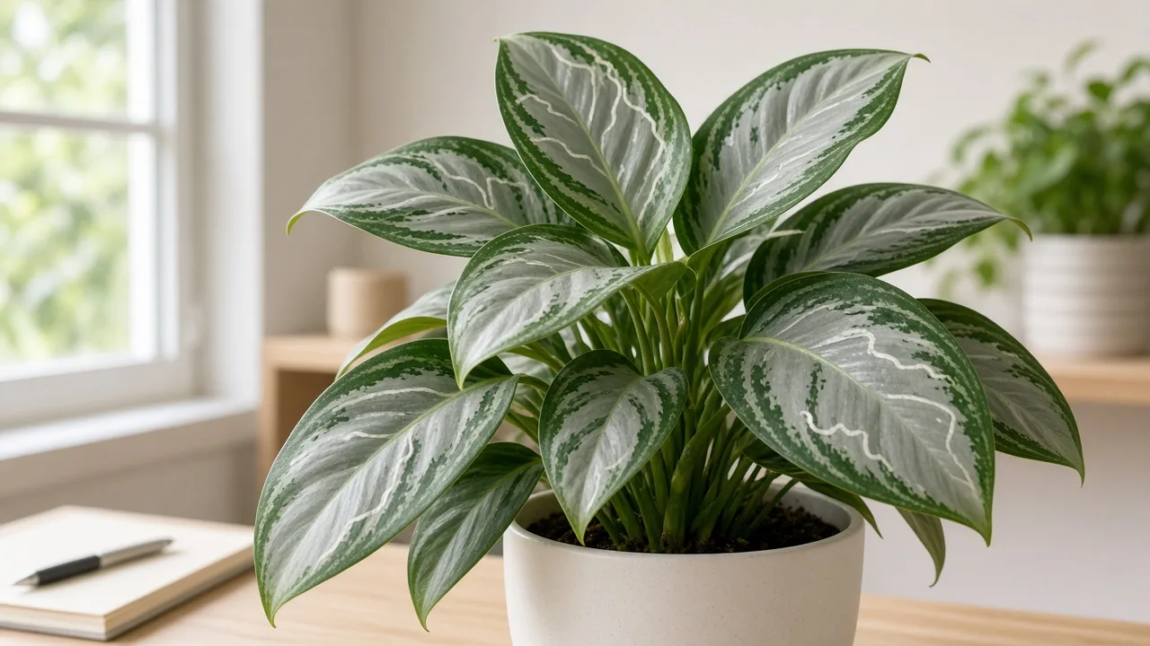 Leaf miners on Aglaonema Silver Bay - pale serpentine tunnels winding through broad silver-gray and dark green variegated leaves