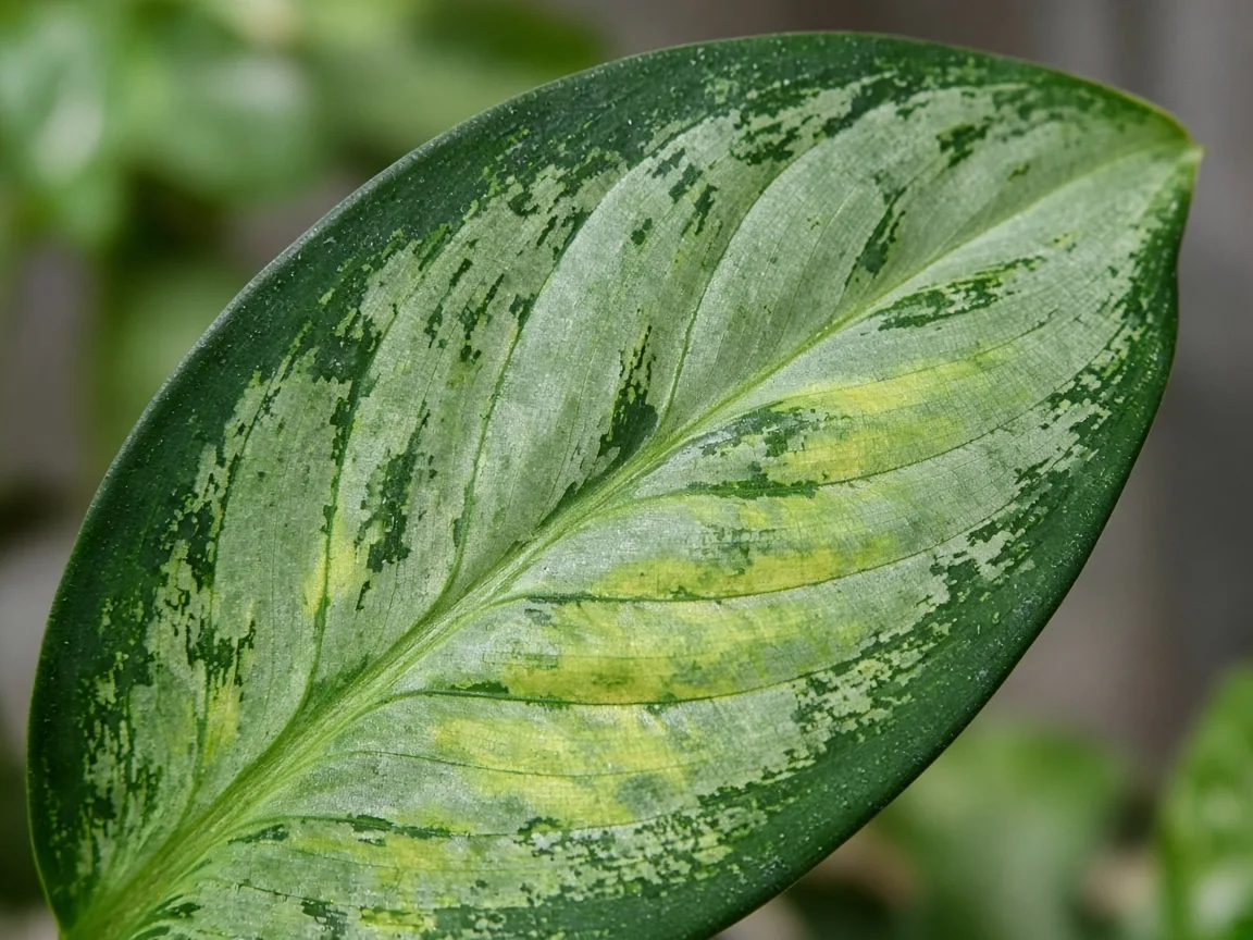 Close-up of interveinal chlorosis on older Silver Bay splash leaf