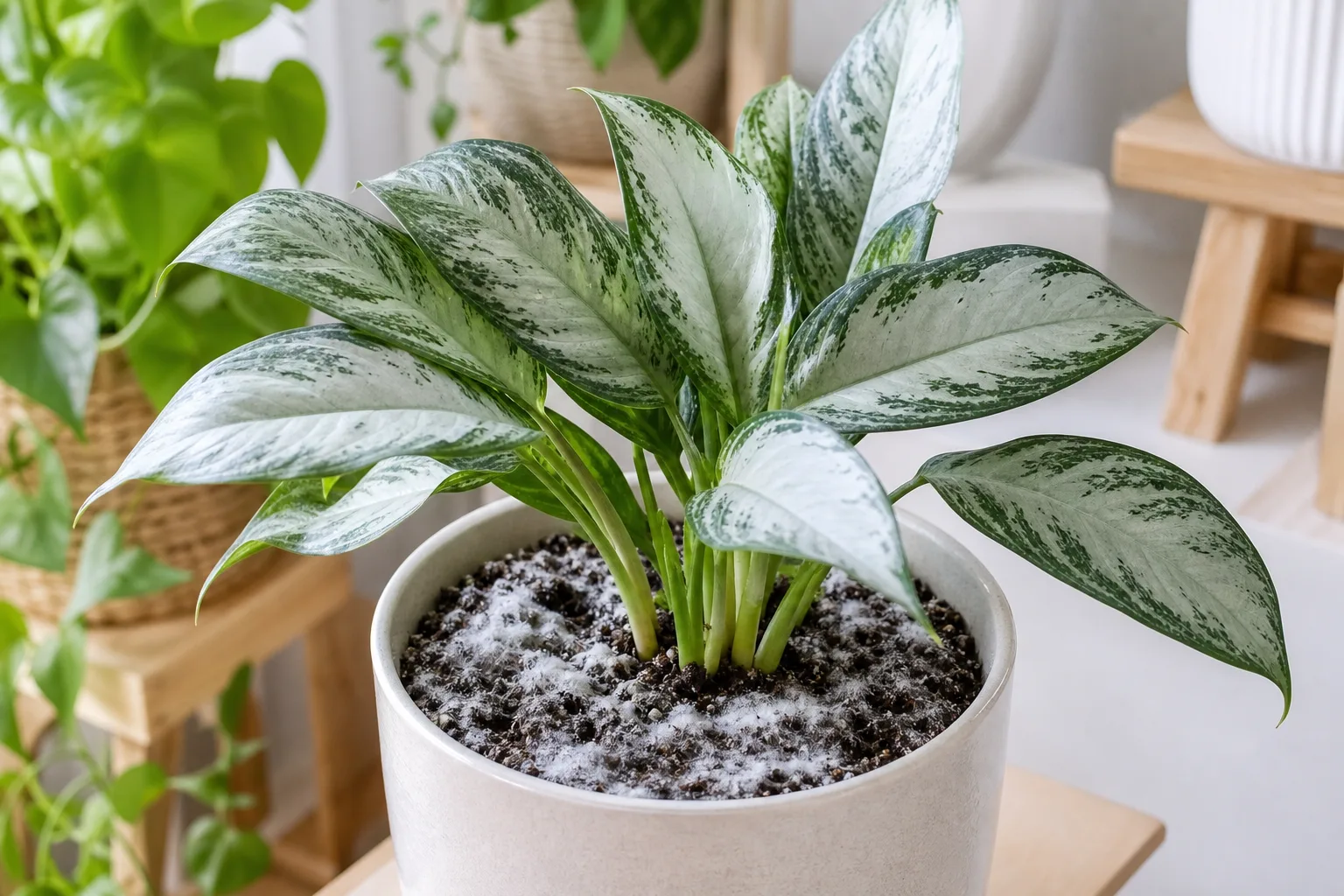Mold on Soil on Aglaonema Silver Bay - visible symptom on the plant