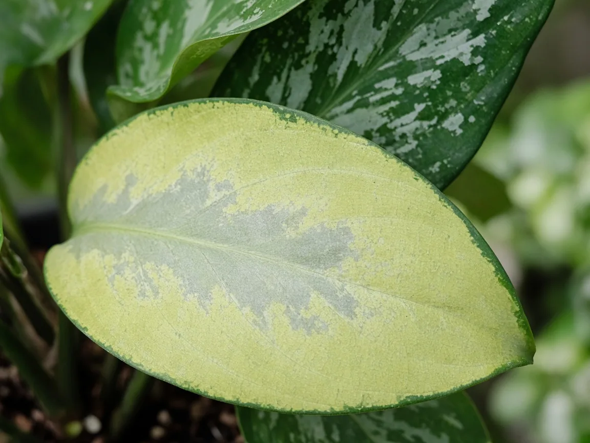 Close-up of pale oldest lower Silver Bay leaf with faded silver splash pattern