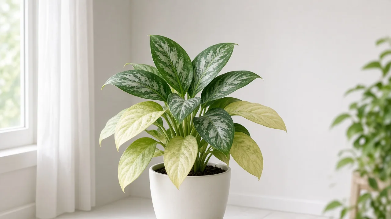 Nitrogen deficiency on Aglaonema Silver Bay - pale oldest lower broad leaves on a variegated Chinese evergreen clump