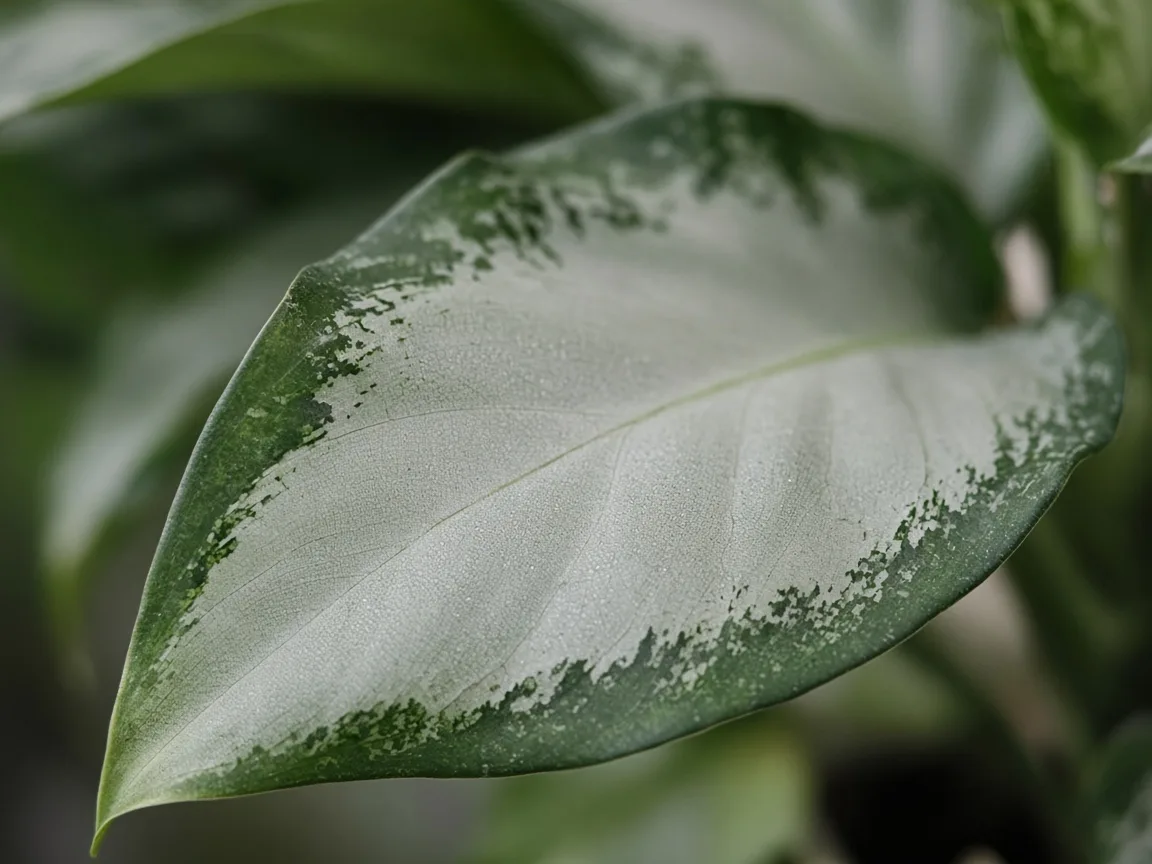 Close-up of pale leaves on Aglaonema Silver Bay - washed silver center on variegated blade