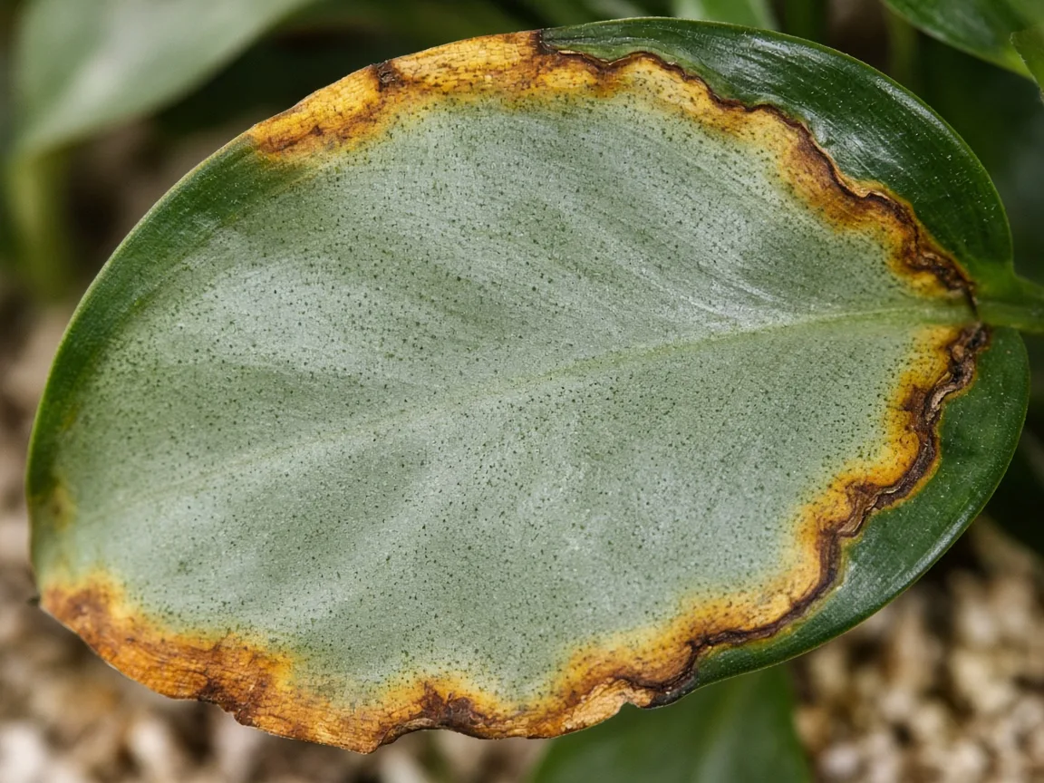 Close-up of yellow-tan scorch along the outer margin of an older Aglaonema Silver Bay broad leaf with the silver central panel still visible in the interior tissue