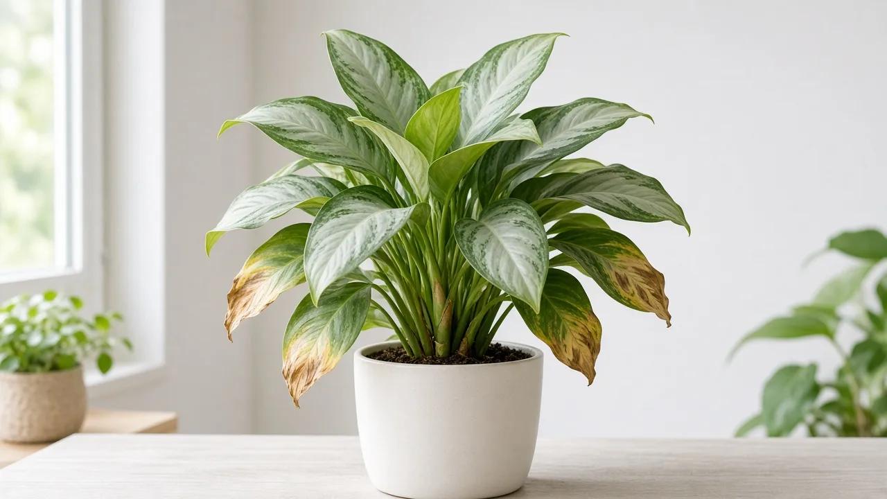 Potassium deficiency on Aglaonema Silver Bay - scorched margins on older lower broad leaves