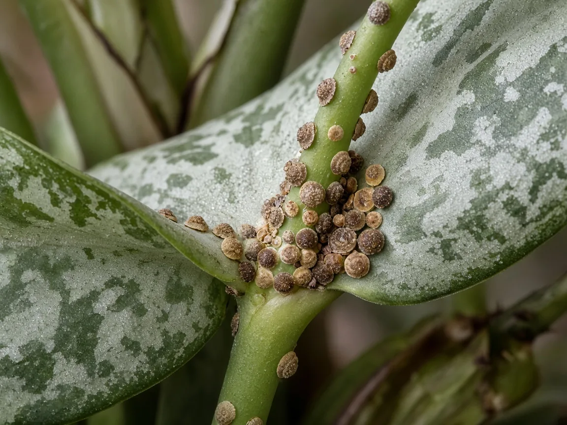 Close-up of tan scale insect bumps along the petiole base of a broad silver-green Aglaonema Silver Bay leaf
