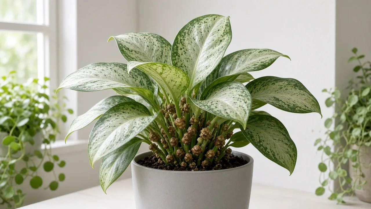 Scale insects on Aglaonema Silver Bay - tan bumps on silver-green Chinese evergreen petiole bases