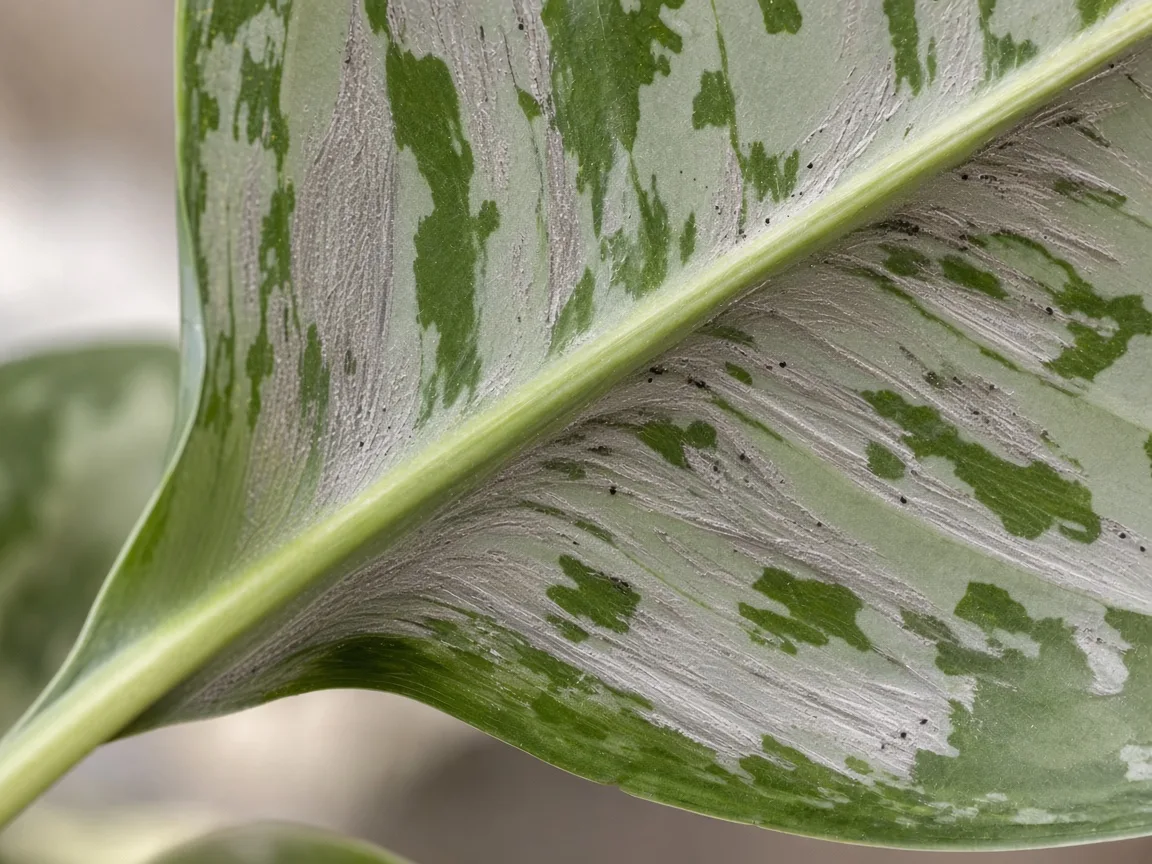 Close-up of thrips damage on Aglaonema Silver Bay - silvery streaks and black frass on a broad silver-variegated leaf