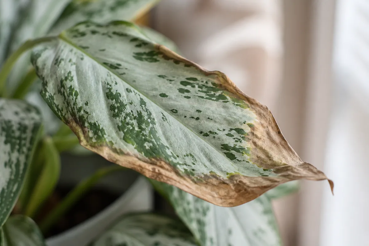 Close-up of Underwatering on Aglaonema Silver Bay - diagnostic detail
