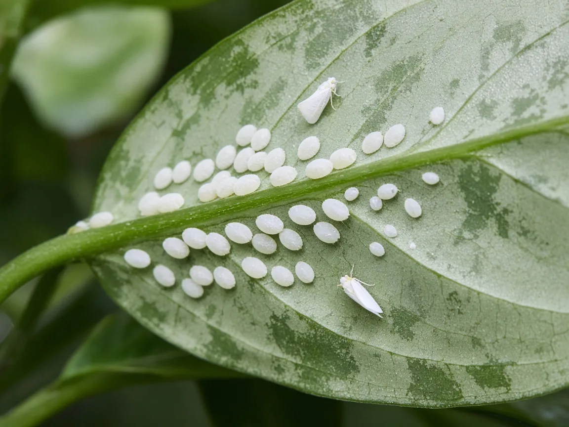 Close-up of whitefly nymph disks on the underside of a broad silver-green Aglaonema Silver Bay leaf