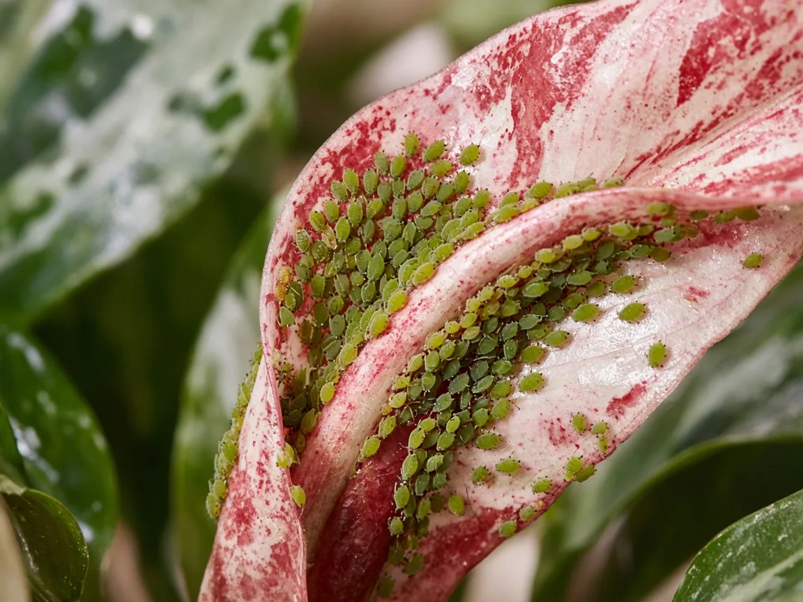 Close-up of soft green aphids clustered on a new rose-white variegated leaf at the Aglaonema Snow White crown