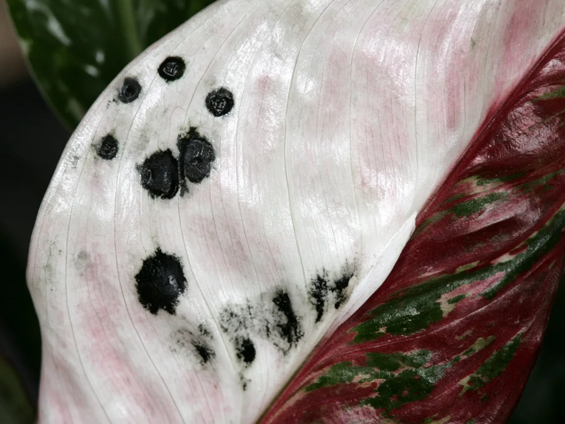 Close-up of black spots on Aglaonema Snow White - water-soaked spot on rose-white blade