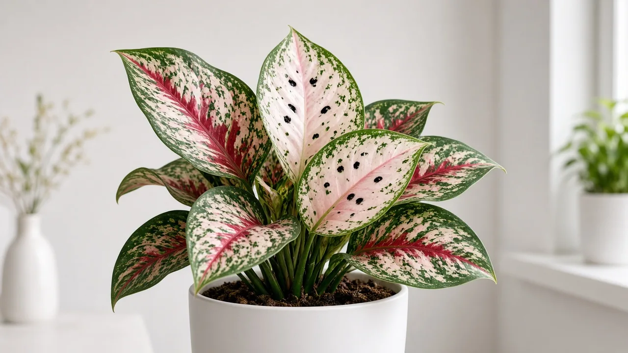 Black Spots on Aglaonema Snow White - dark leaf spots on rose-white foliage