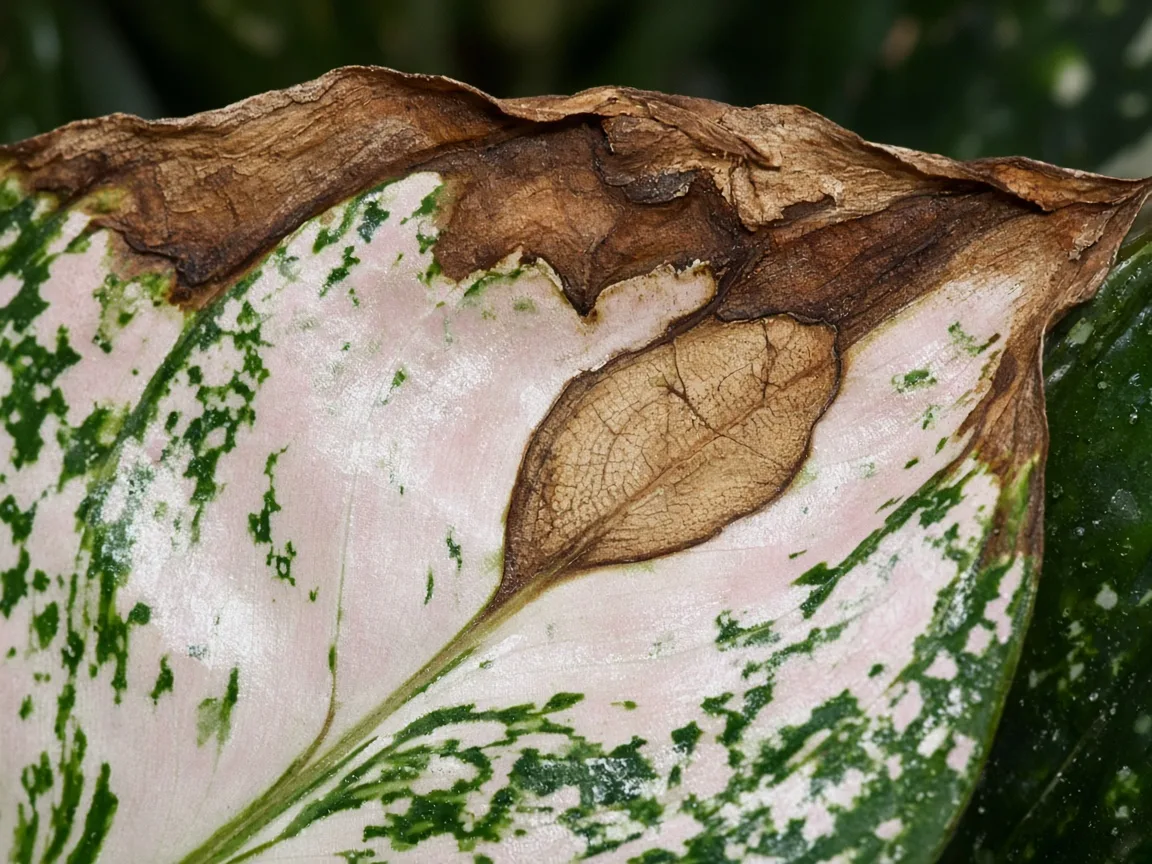 Close-up of brown leaves on Aglaonema Snow White - scorched white margin on blade