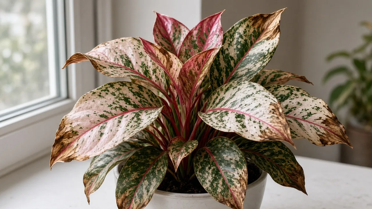 Brown Leaves on Aglaonema Snow White - necrotic margins on rose-white foliage