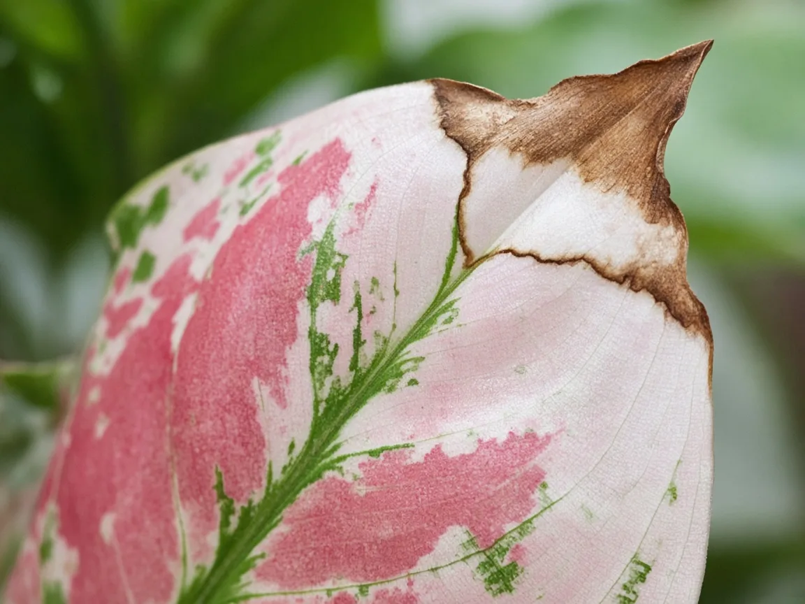 Close-up of dry brown tips on Snow White rose-white variegated leaf