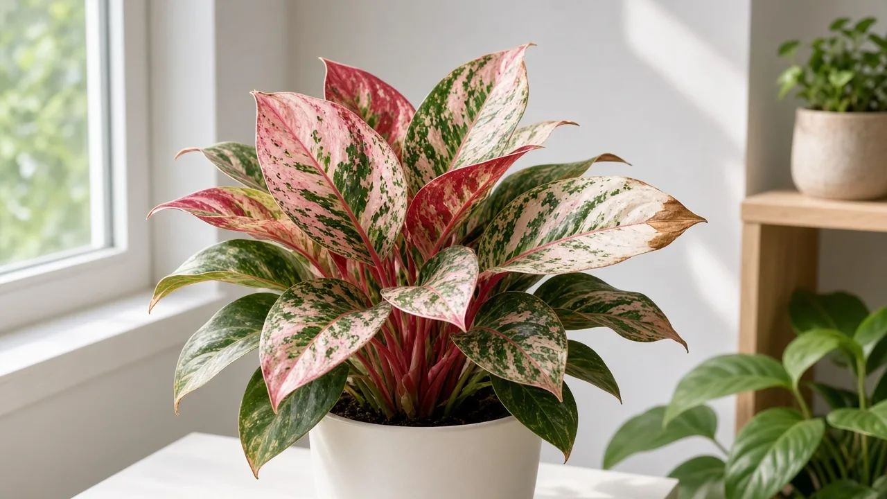 Brown Tips on Aglaonema Snow White - dry crispy tips on rose-white variegated leaves