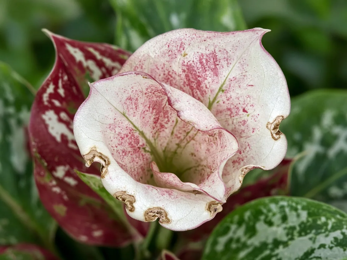 Close-up of cupped margin-burned new rose-white Snow White crown leaf