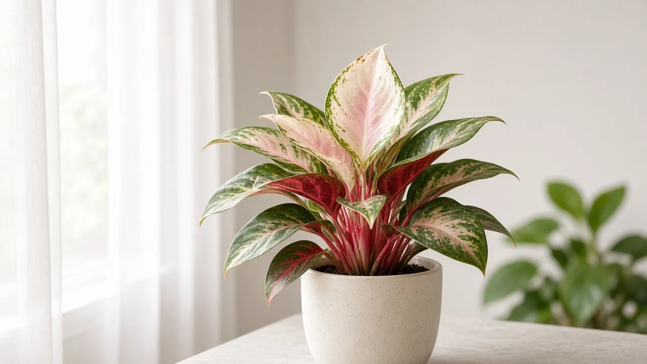 Calcium deficiency on Aglaonema Snow White - cupped new rose-white crown leaf with margin burn