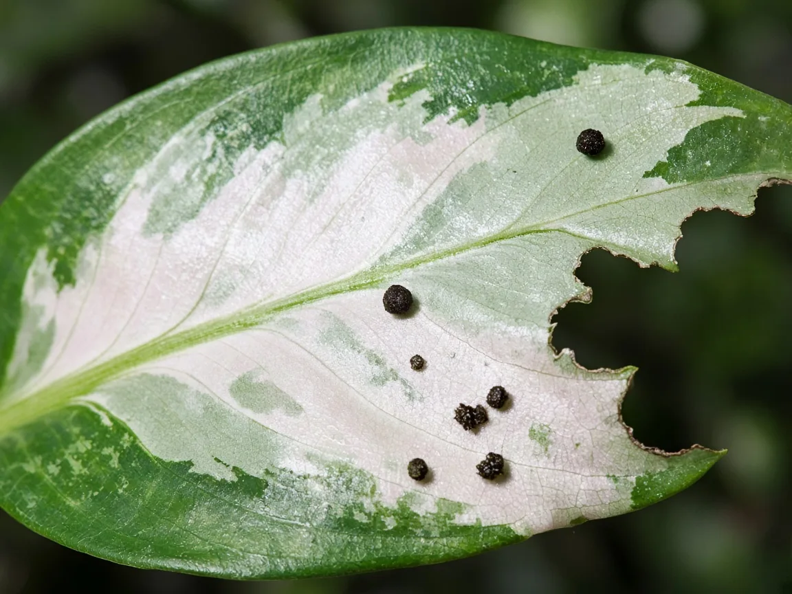 Close-up of caterpillar damage on Aglaonema Snow White - irregular chewed notches on broad rose-white variegated leaf with dark frass pellets