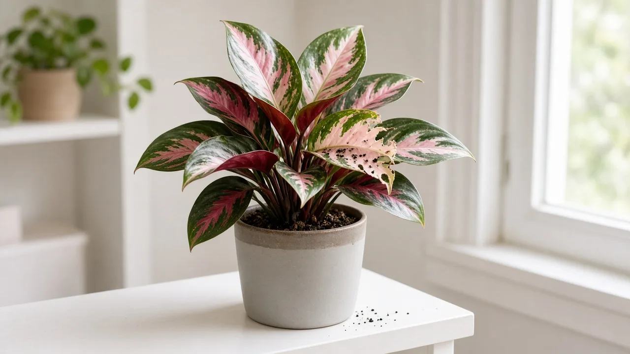 Caterpillars on Aglaonema Snow White - ragged chewed notches on broad rose-white variegated leaves with dark frass pellets