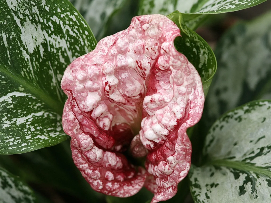 Close-up of distorted leaves on Aglaonema Snow White - crinkled rose-white unfurling leaf
