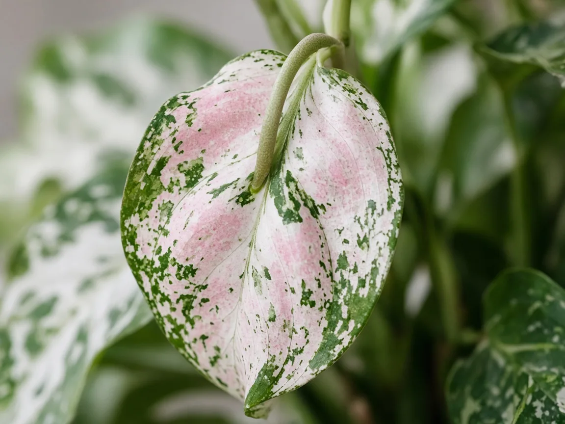 Close-up of drooping leaves on Aglaonema Snow White - diagnostic detail