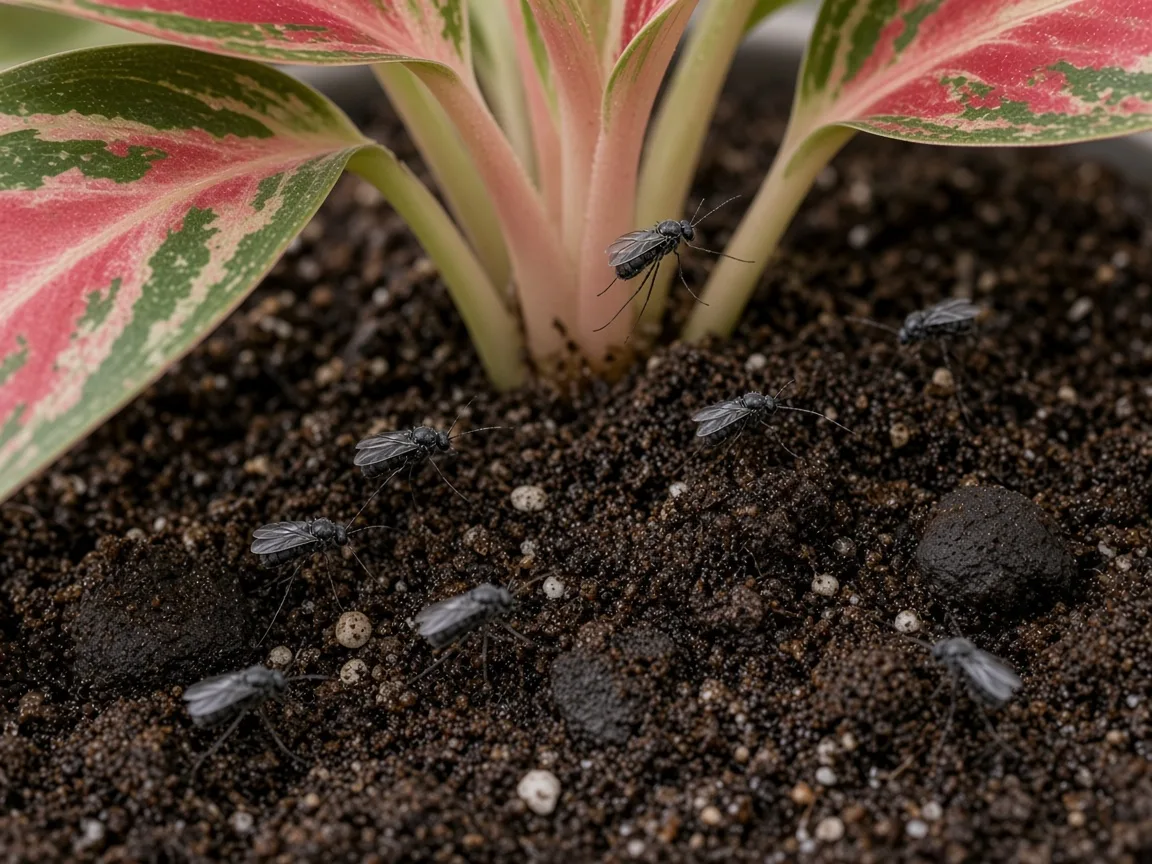 Close-up of fungus gnats on damp potting mix at the base of Aglaonema Snow White broad variegated leaves