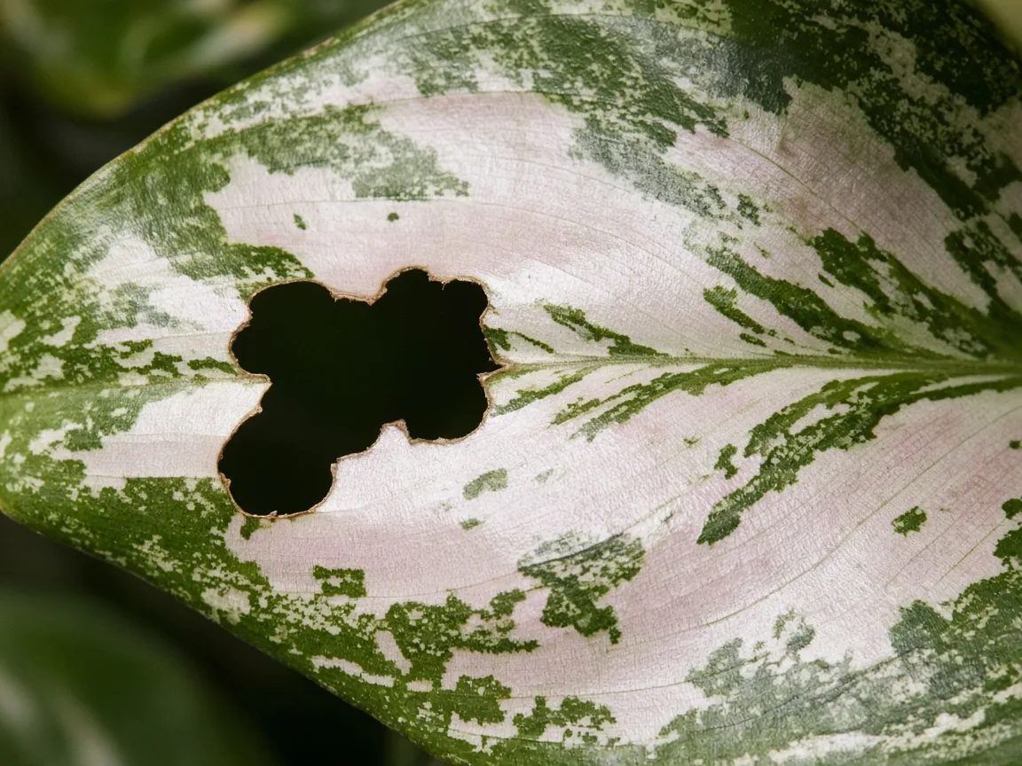 Close-up of holes in leaves on Aglaonema Snow White - chewed margin on variegated leaf
