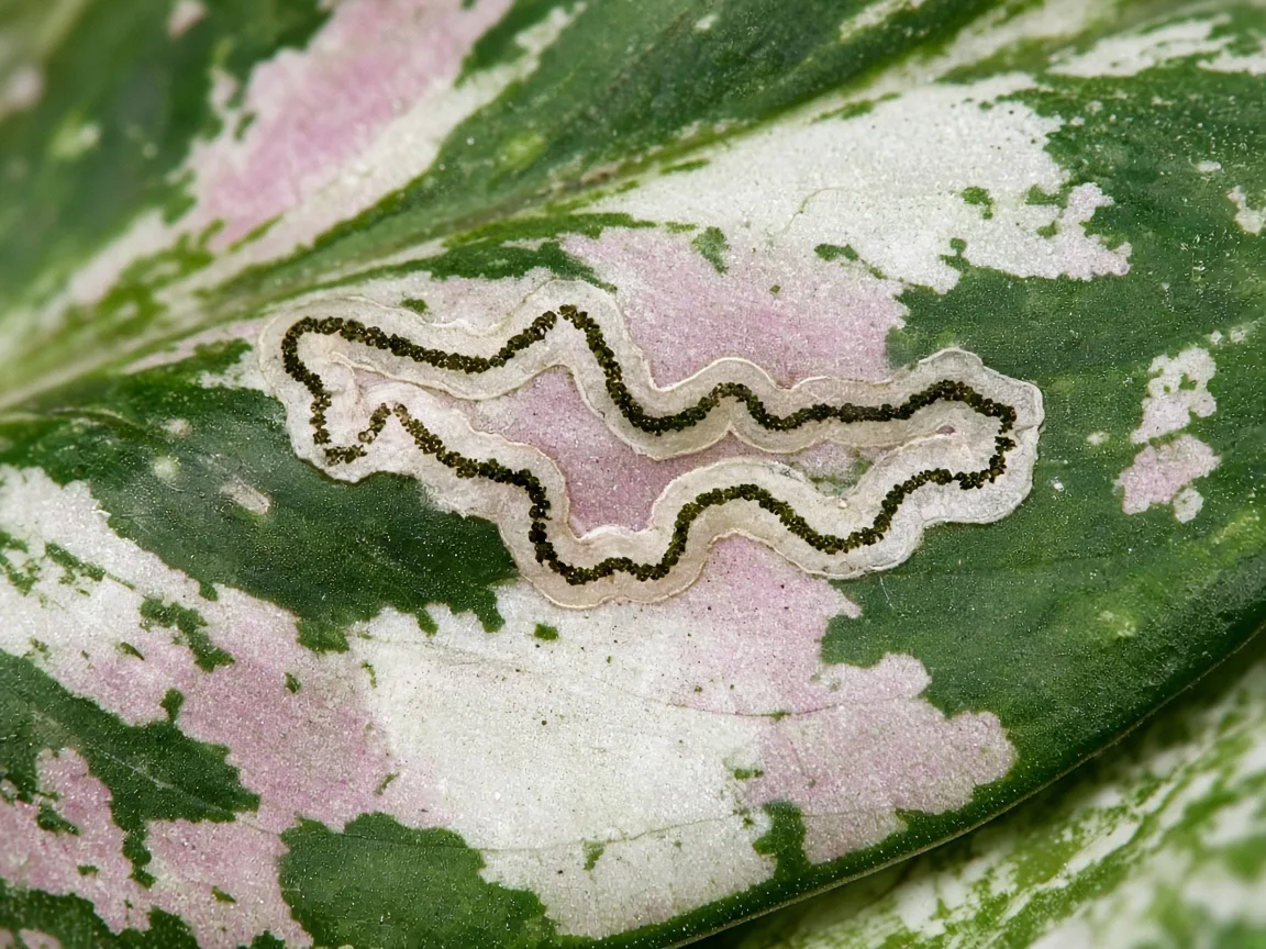 Close-up of a pale serpentine leaf miner tunnel inside a broad Aglaonema Snow White rose-white and green variegated leaf