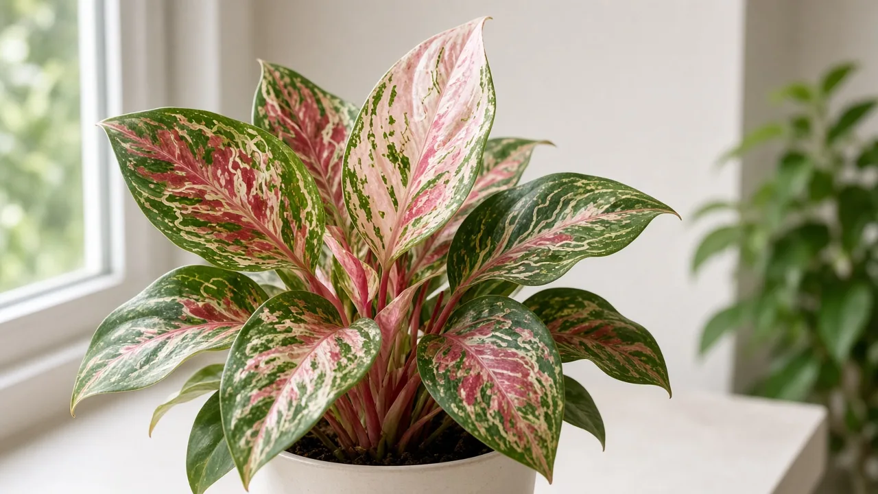 Leaf miners on Aglaonema Snow White - pale serpentine tunnels winding through broad rose-white and green variegated leaves