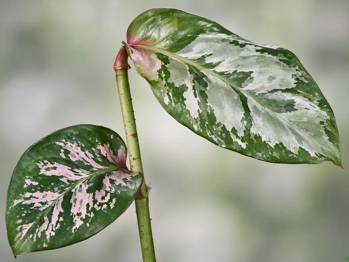 Close-up of leggy growth on Aglaonema Snow White - elongated petioles with wide gaps between rose-white and green leaves