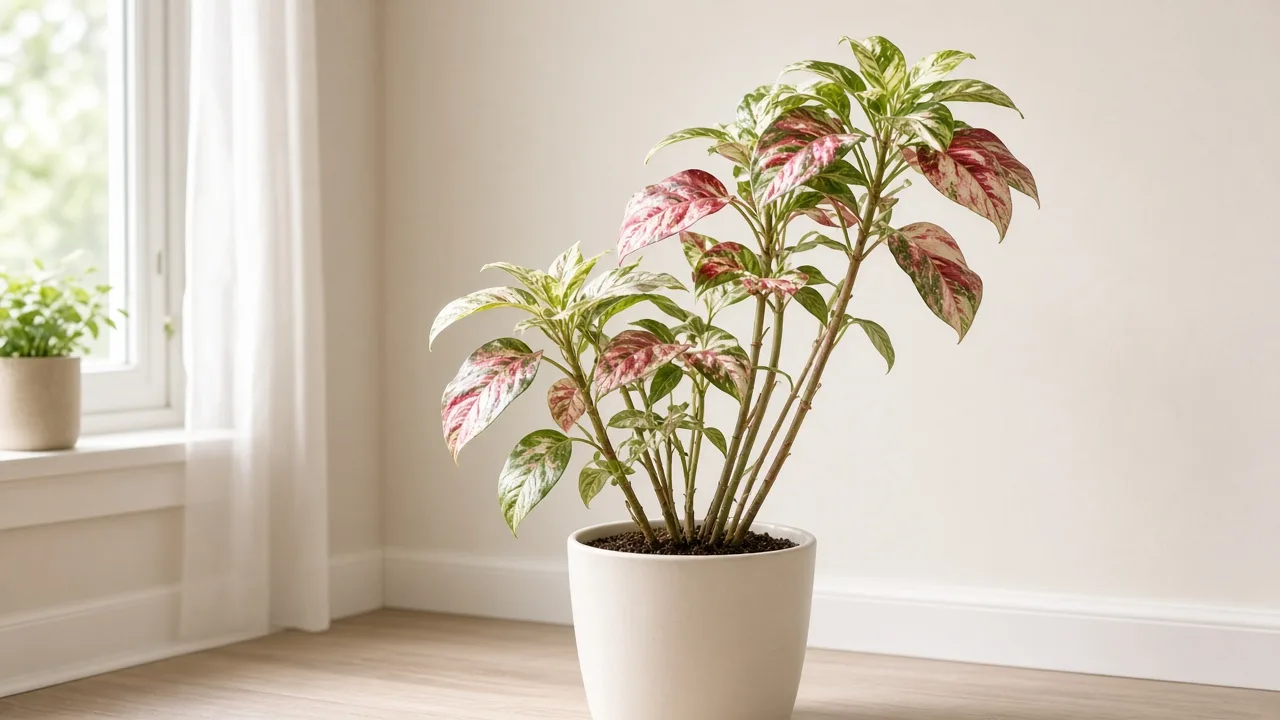 Leggy growth on Aglaonema Snow White - tall upright clump leaning toward window with long bare petioles between rose-white and green leaves