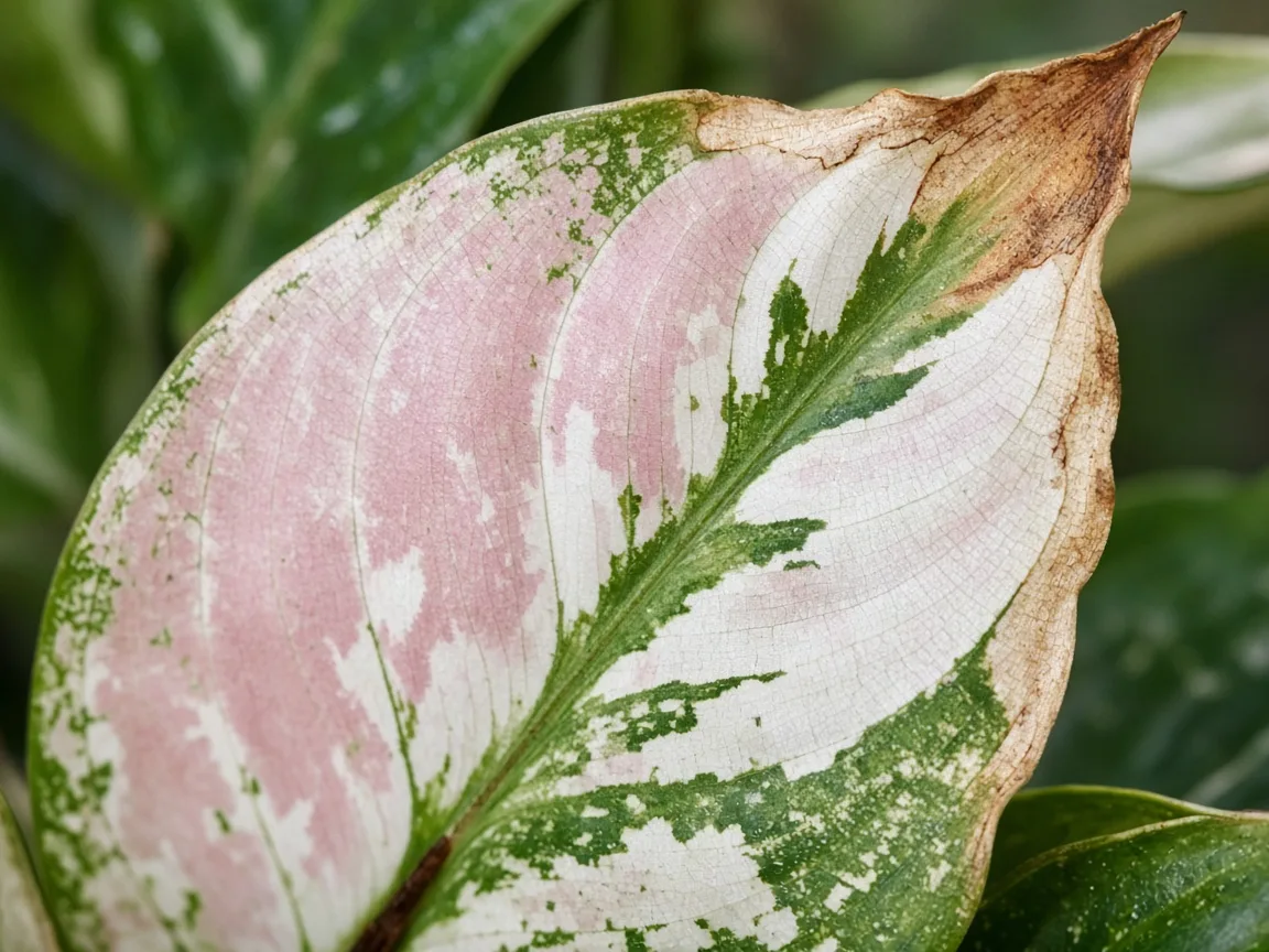 Close-up of low humidity on Aglaonema Snow White - papery brown tips on rose-white variegated leaves