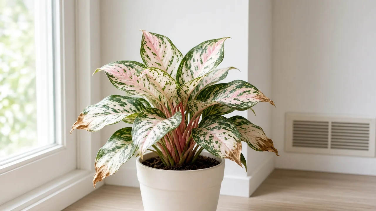 Low humidity on Aglaonema Snow White - papery brown tips on rose-white variegated leaves beside a winter heating vent