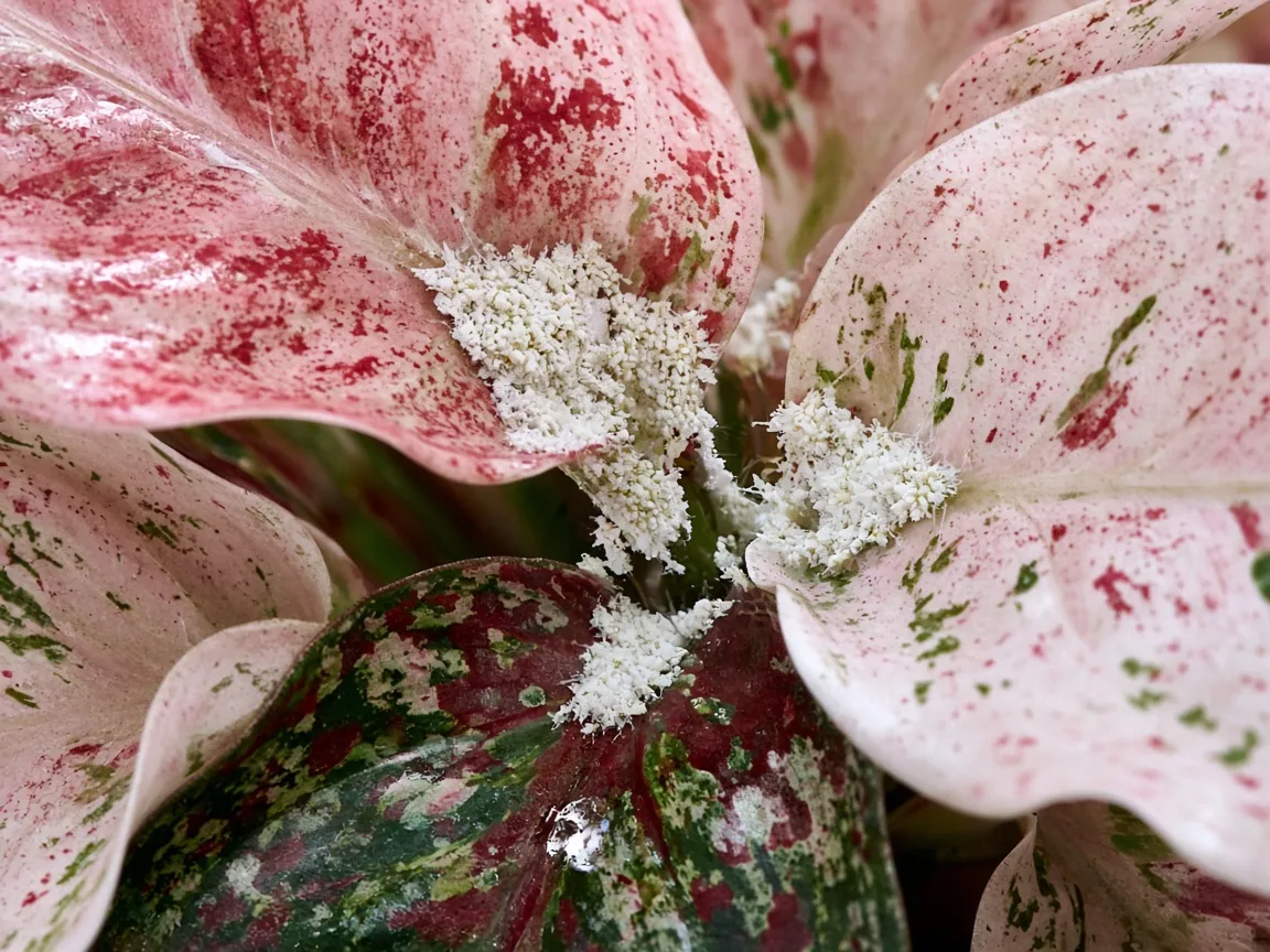 Close-up of white cottony mealybug clusters nestled in an Aglaonema Snow White crown axil between broad rose-white and red-splashed leaves
