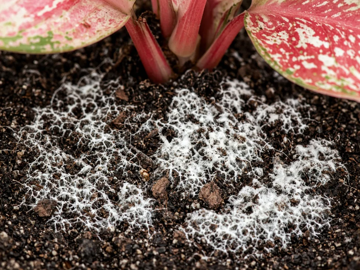 Close-up of mold on soil on Aglaonema Snow White - white fuzzy threads on damp peat at the base of broad rose-white and red variegated leaves