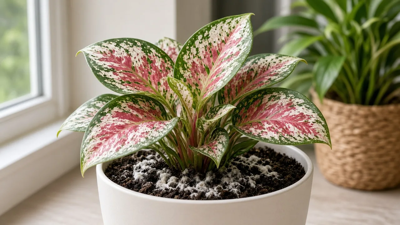 Mold on soil on Aglaonema Snow White - white fuzzy growth on damp peat at the base of broad rose-white and red variegated leaves