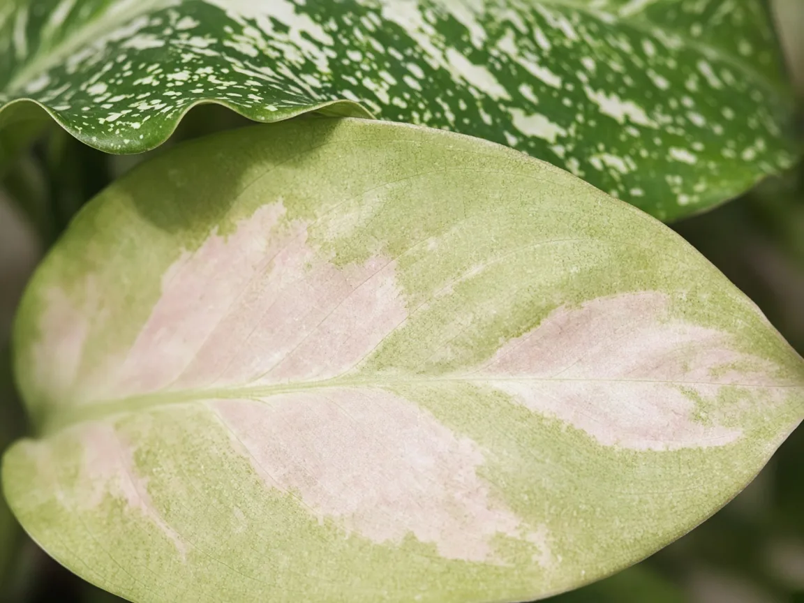 Close-up of pale oldest lower Snow White leaf with faded rose-white zones