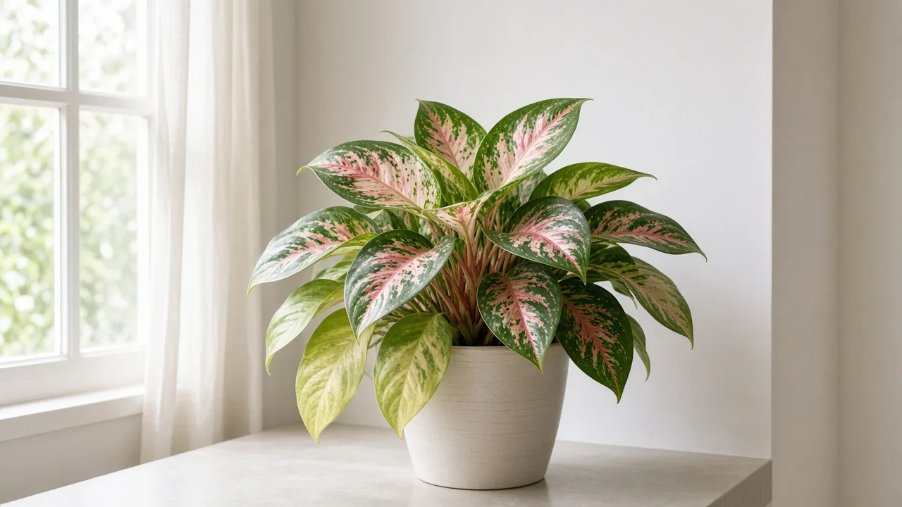 Nitrogen deficiency on Aglaonema Snow White - pale oldest lower broad leaves on a variegated Chinese evergreen